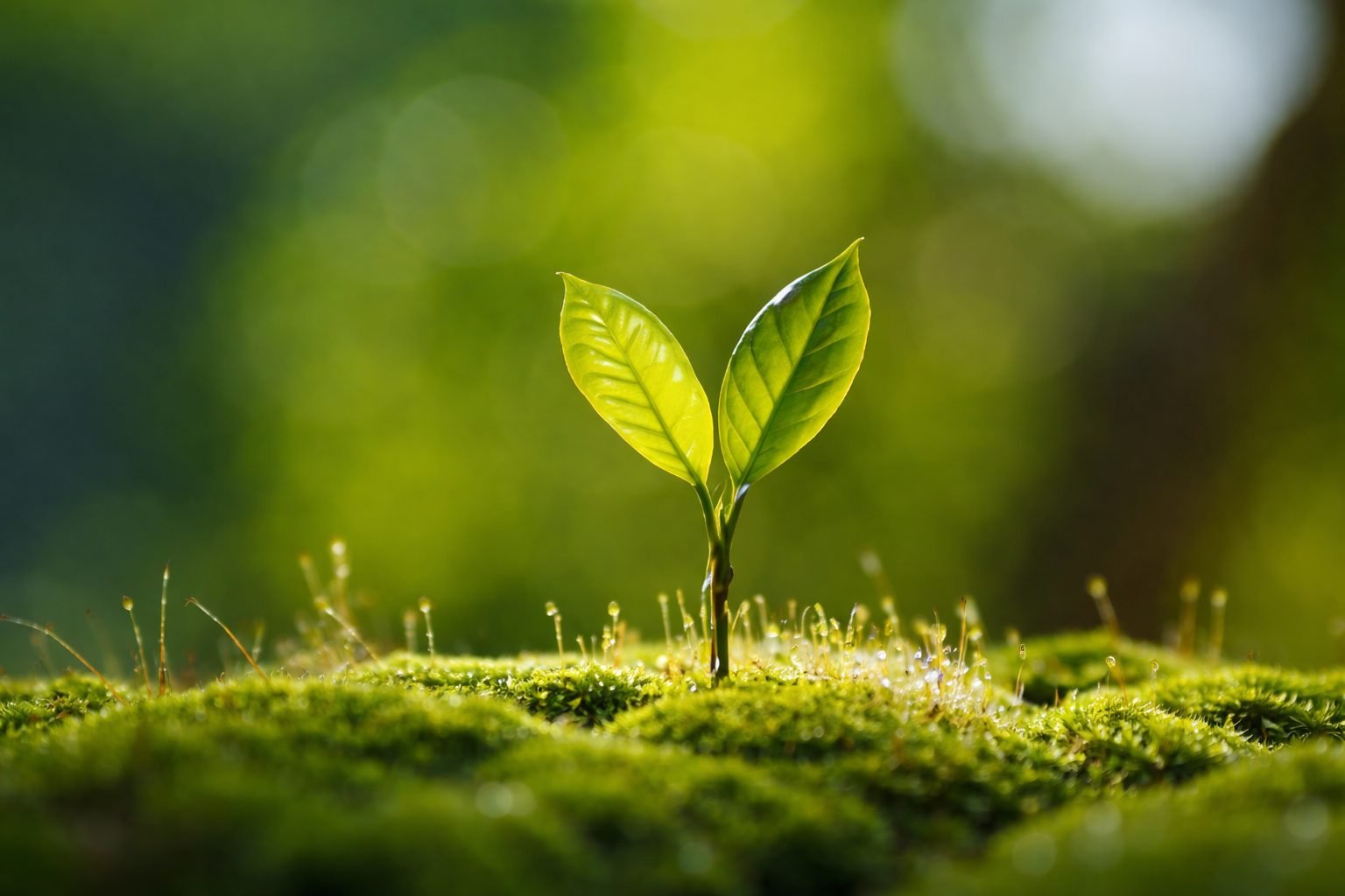 Brote de planta creciendo en musgo, representando eficiencia y crecimiento responsable